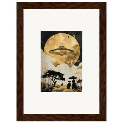 Framed wall art of a UFO over a landscape under a golden moon for golden serenade room decor