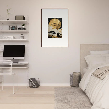 Framed wall art of Utopian Golden Serenade with a golden moon above a surreal landscape