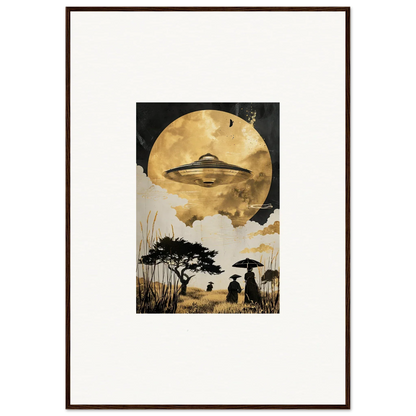 Framed wall art of a UFO over a moonlit landscape for golden serenade room decor