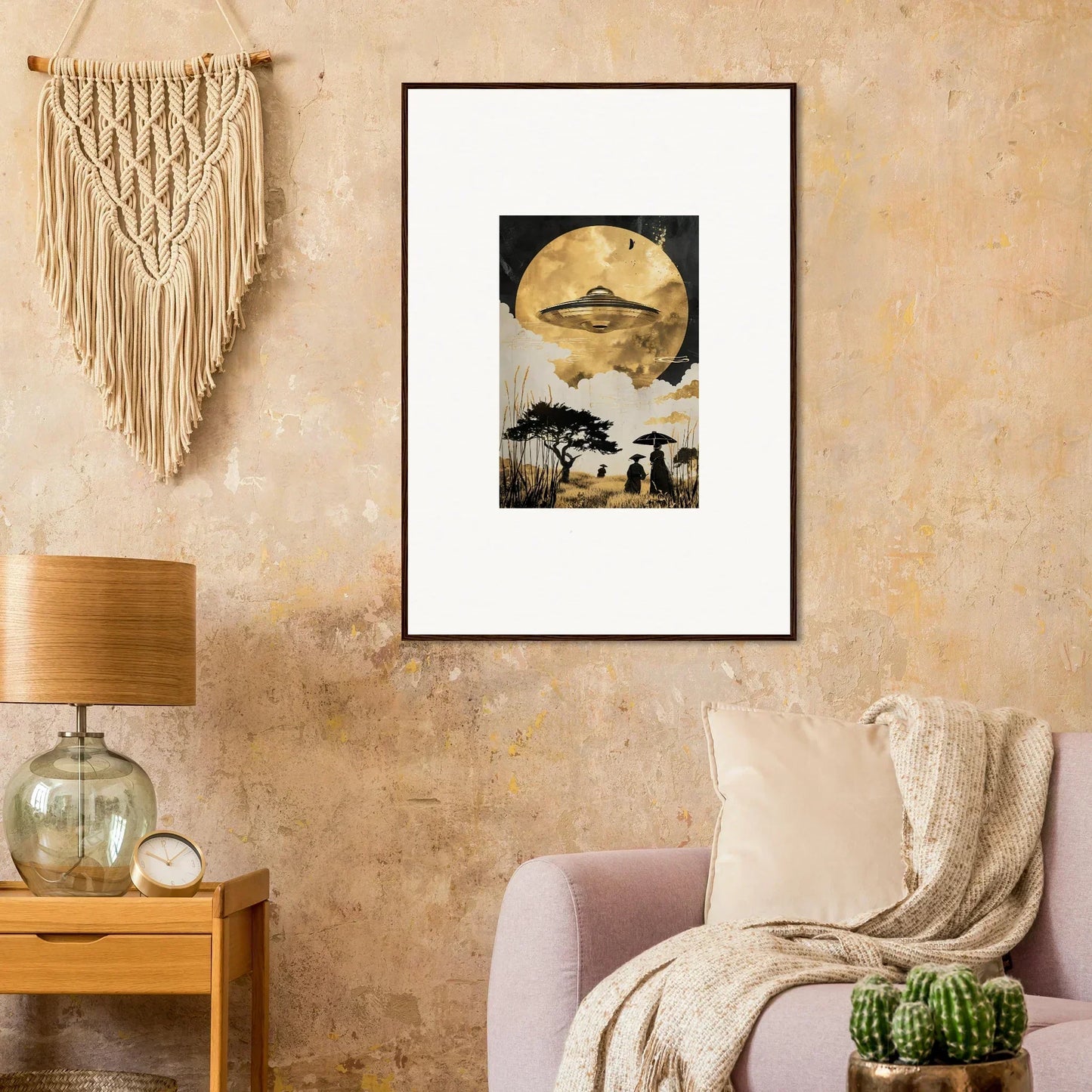 Framed wall art of a surreal landscape with a large moon for golden serenade room decor