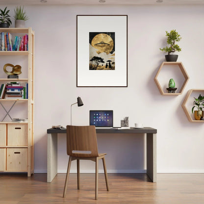 Modern home office with golden serenade wall decor and stylish shelving