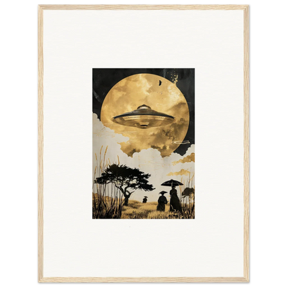 Framed wall art of a UFO over a moonlit landscape for unique room decor