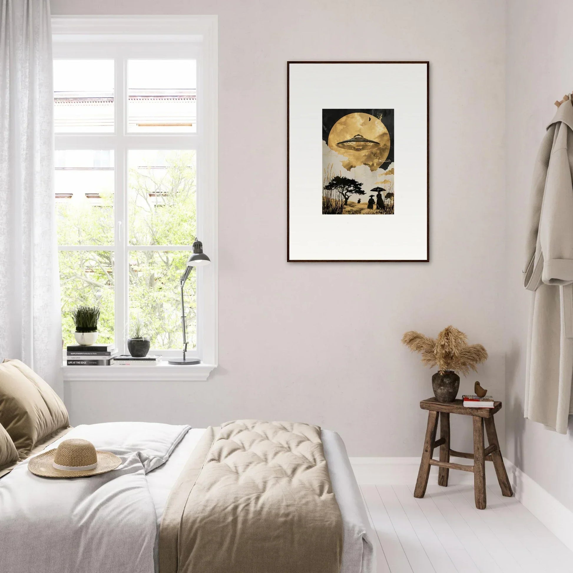 Cozy bedroom featuring framed wall art and golden serenade room decor accents