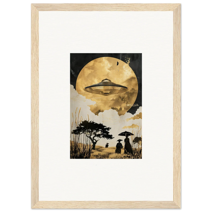 Framed wall art of a UFO over a silhouetted landscape and golden serenade moon