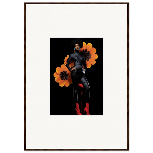 Framed canvas print of Blossom Elegy with person and orange flower shapes on dark background