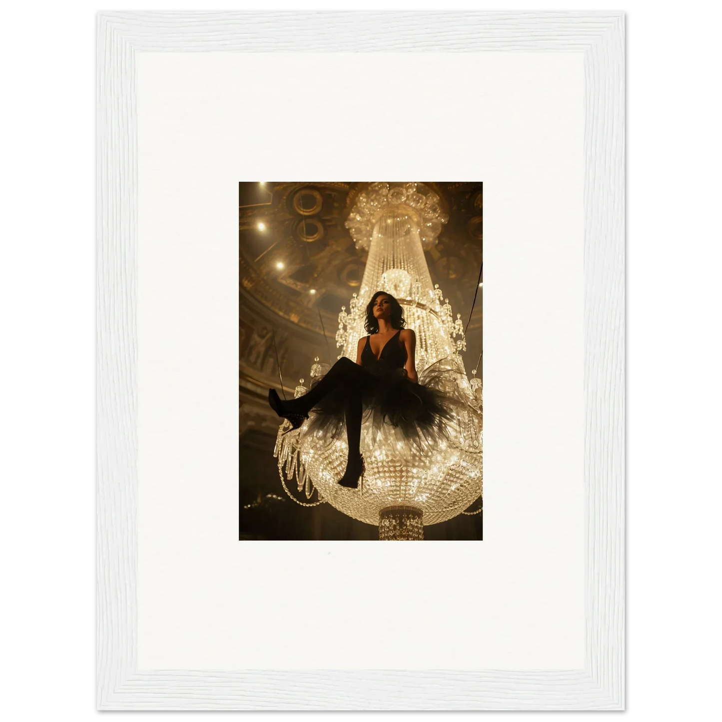 Person chilling on a giant illuminated chandelier, perfect for room decoration and canvas print