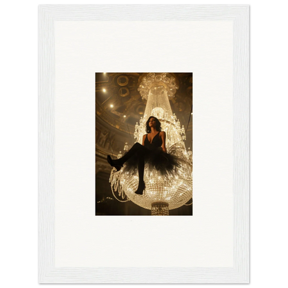 Person chilling on a giant illuminated chandelier, perfect for room decoration and canvas print