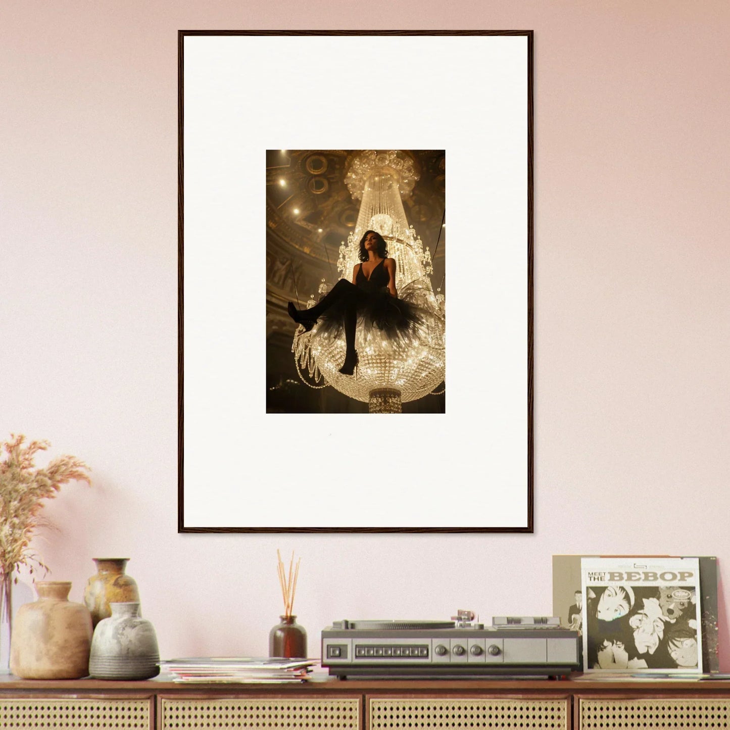 Framed canvas print of a silhouetted figure on a glowing crescent moon for room decoration