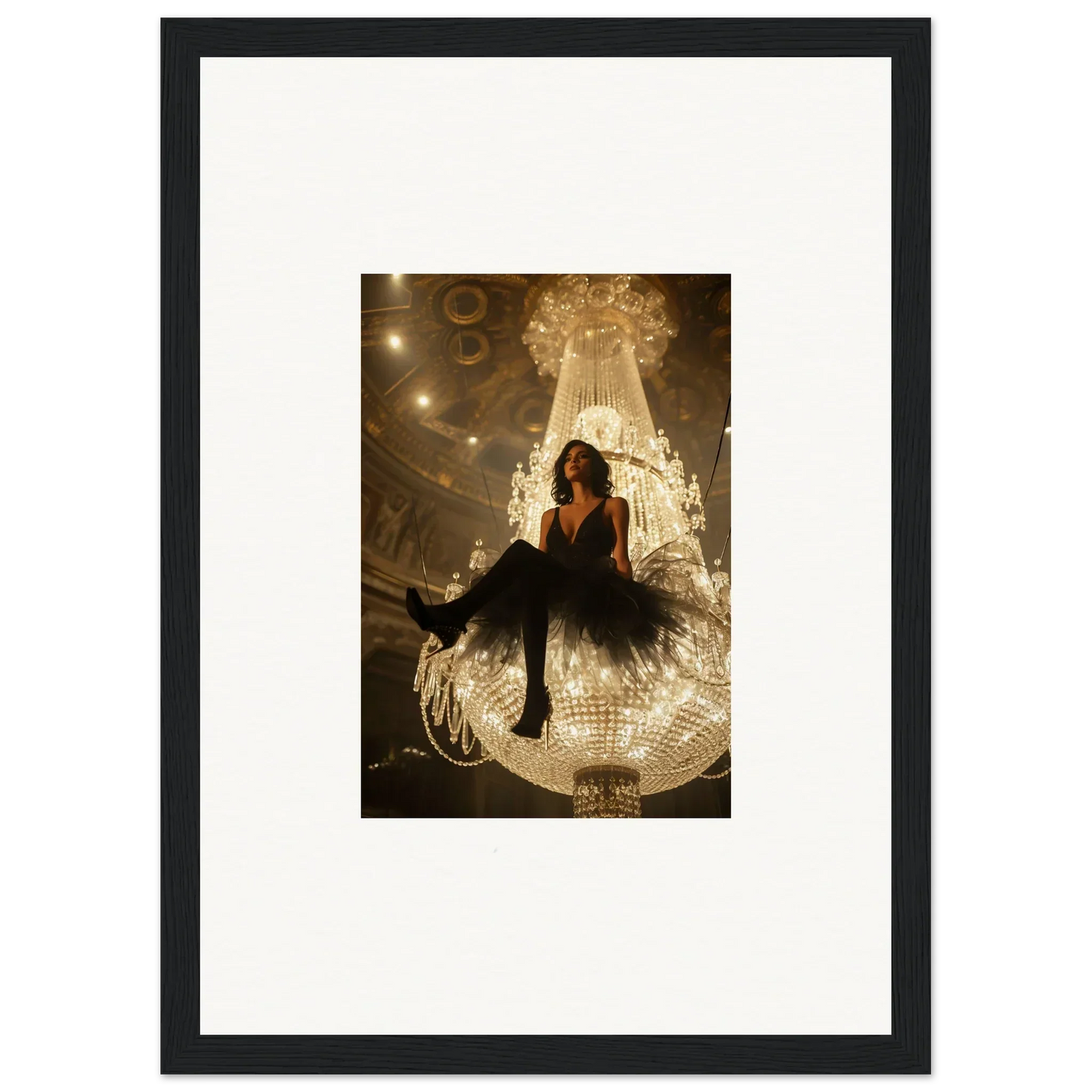 Woman in a black dress on a glowing chandelier for a stylish room decoration canvas print