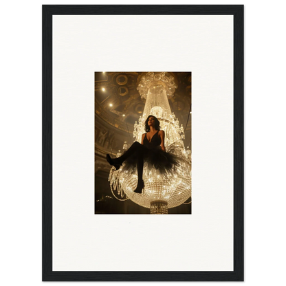 Woman in a black dress on a glowing chandelier for a stylish room decoration canvas print