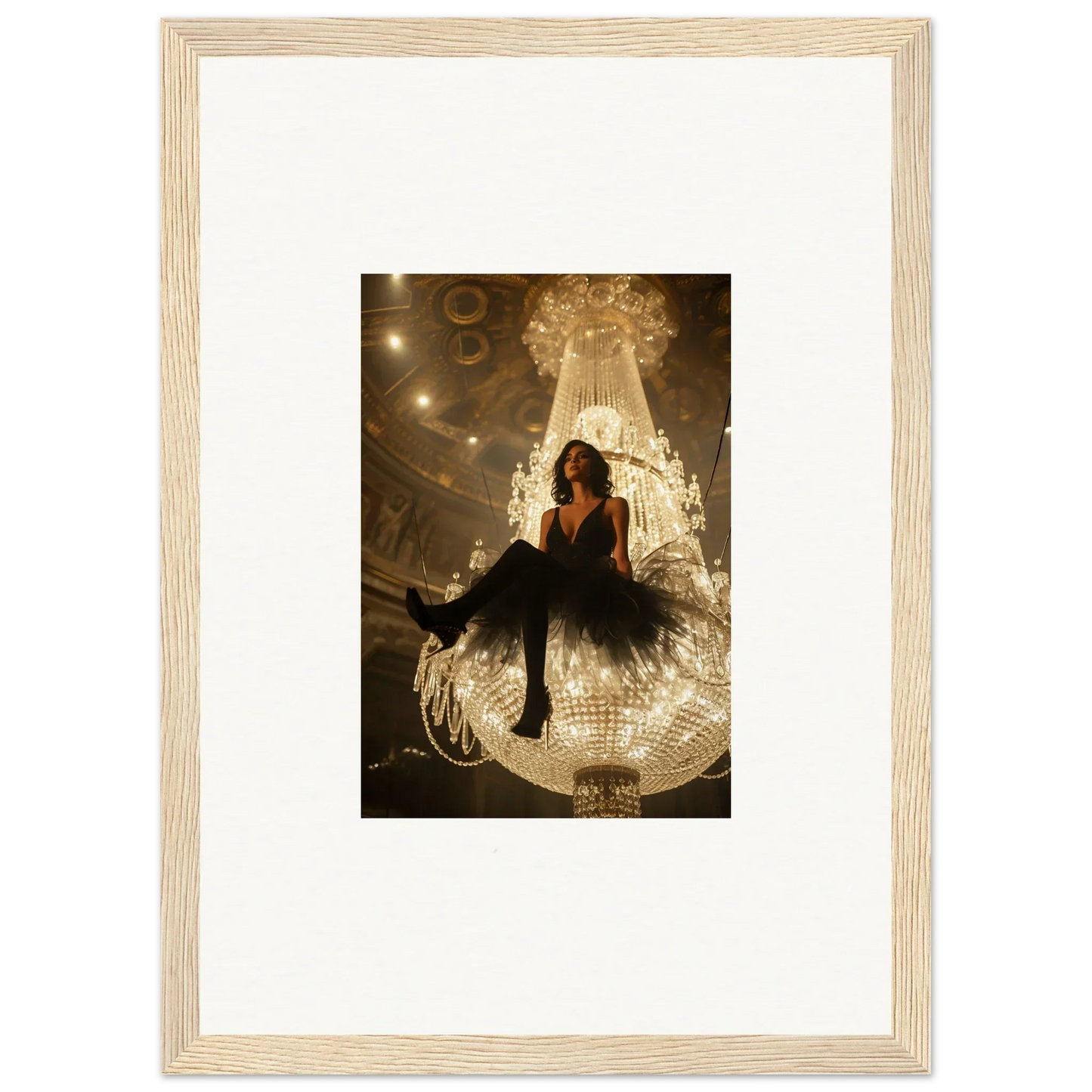 Framed canvas print of a person on a giant chandelier, perfect for room decoration