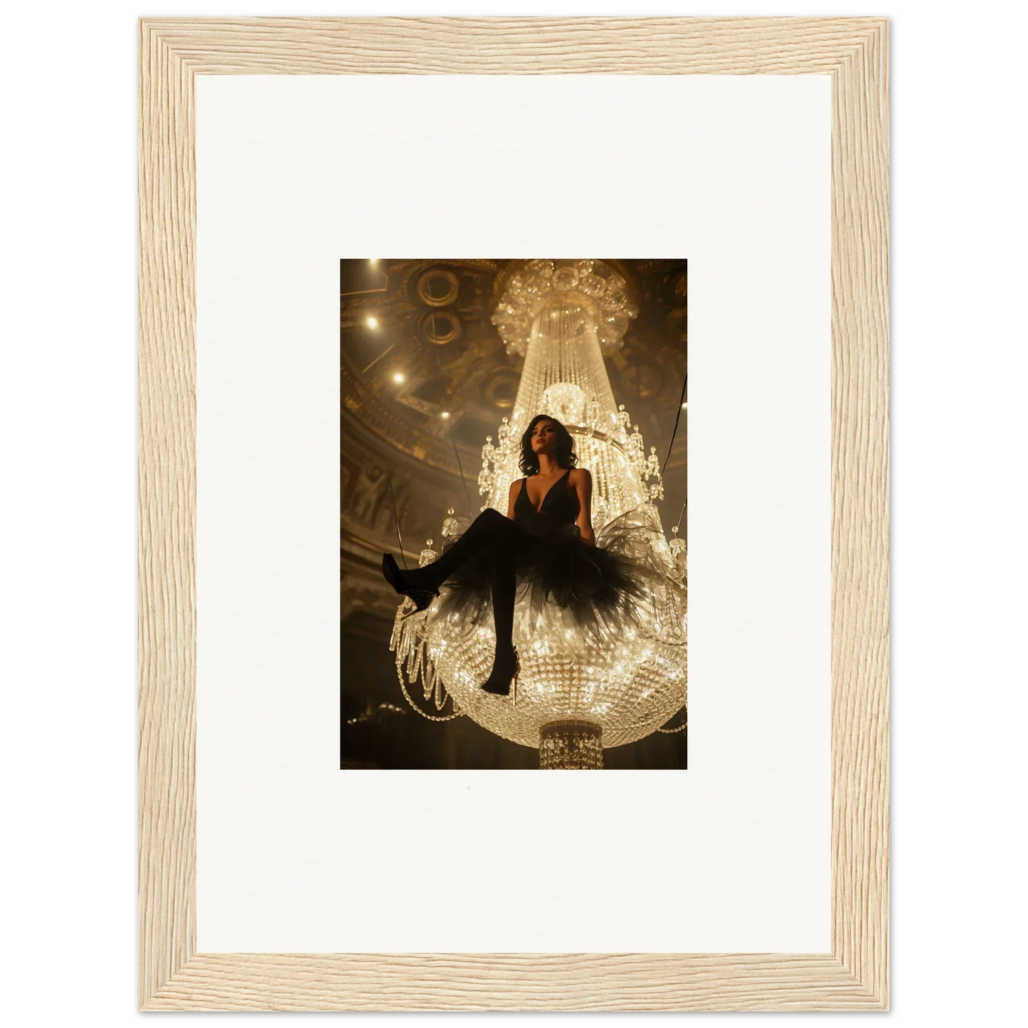 Framed canvas print of a woman in black on a chandelier, perfect for room decoration