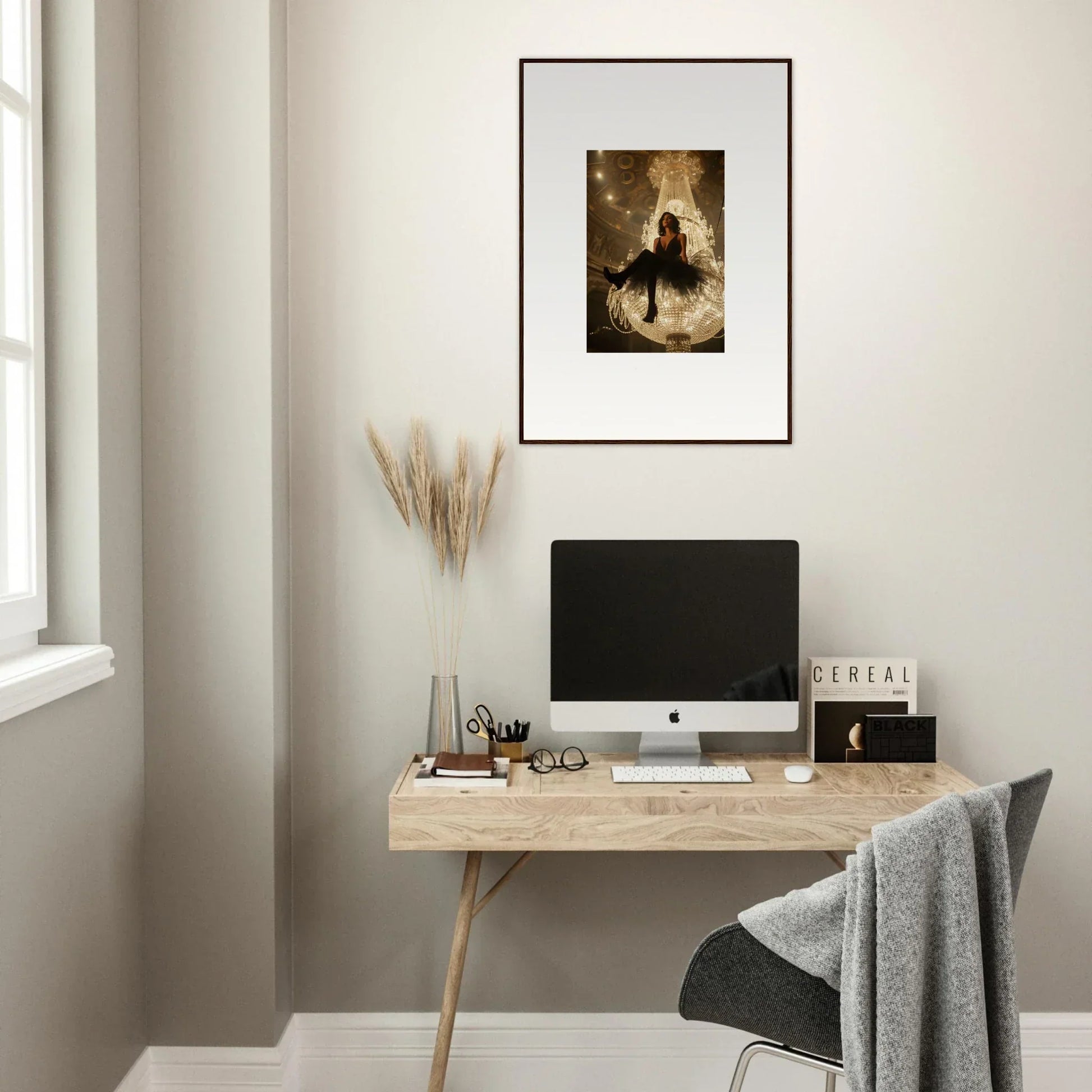 Minimalist home office with a wooden desk, computer, and Charset Angel canvas print