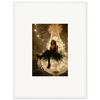 Woman in a black dress sitting on a giant disco ball for a fun room decoration canvas print