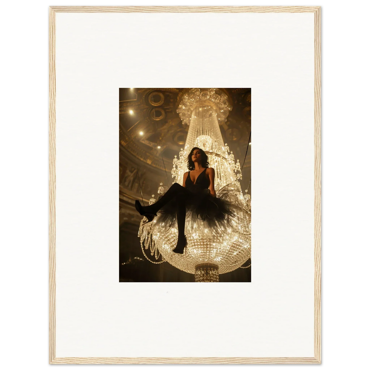 Woman in a black dress on a disco ball, perfect for your Charset Angel canvas print