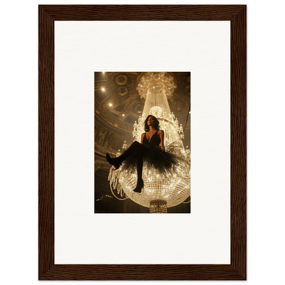 Woman in a black dress on a glowing chandelier for a stylish room decoration canvas print