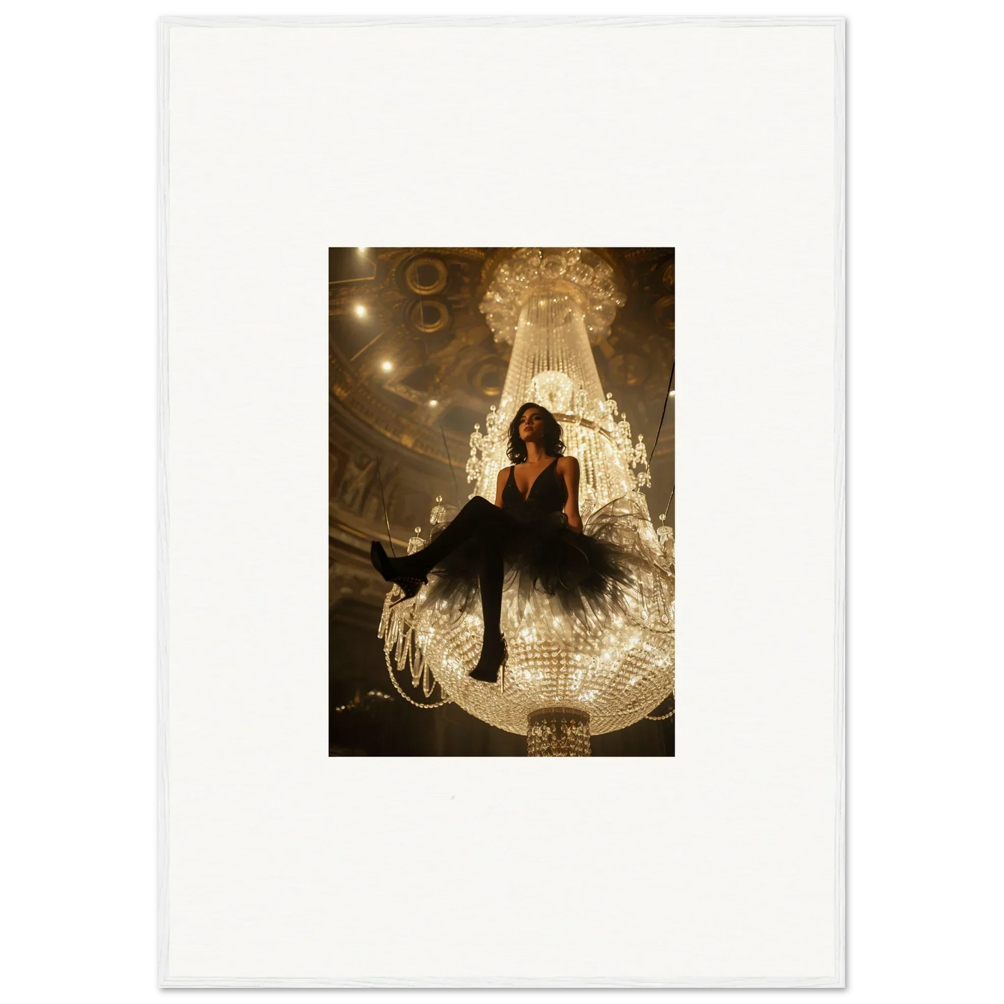 Woman in a black dress on a giant illuminated chandelier, perfect for room decoration with Charset Angel canvas print