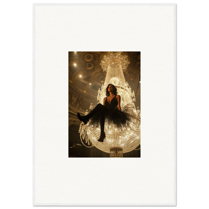 Woman in a black dress on a giant illuminated chandelier, perfect for room decoration with Charset Angel canvas print