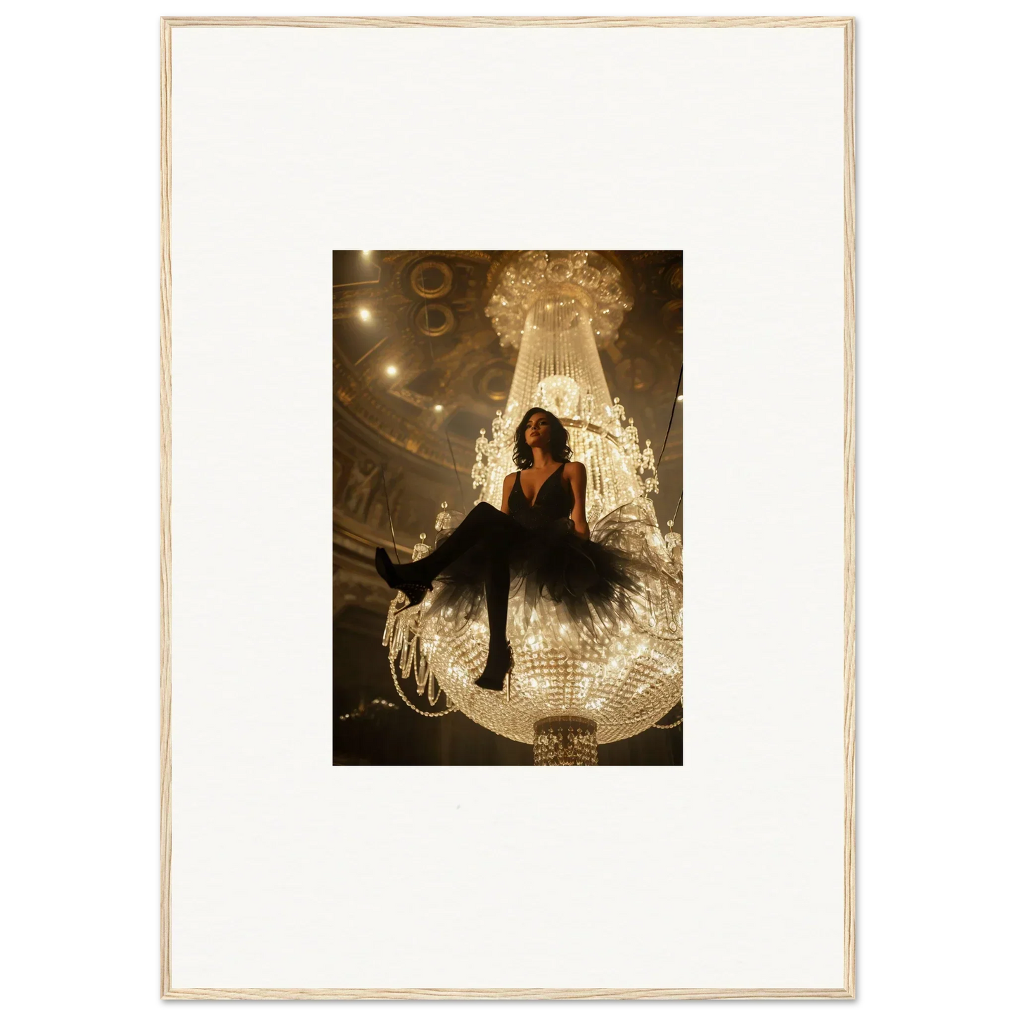 Woman in a black dress on a glowing crystal chandelier for room decoration canvas print