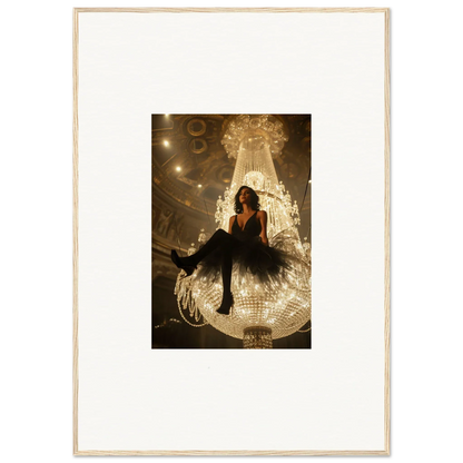 Woman in a black dress on a glowing crystal chandelier for room decoration canvas print