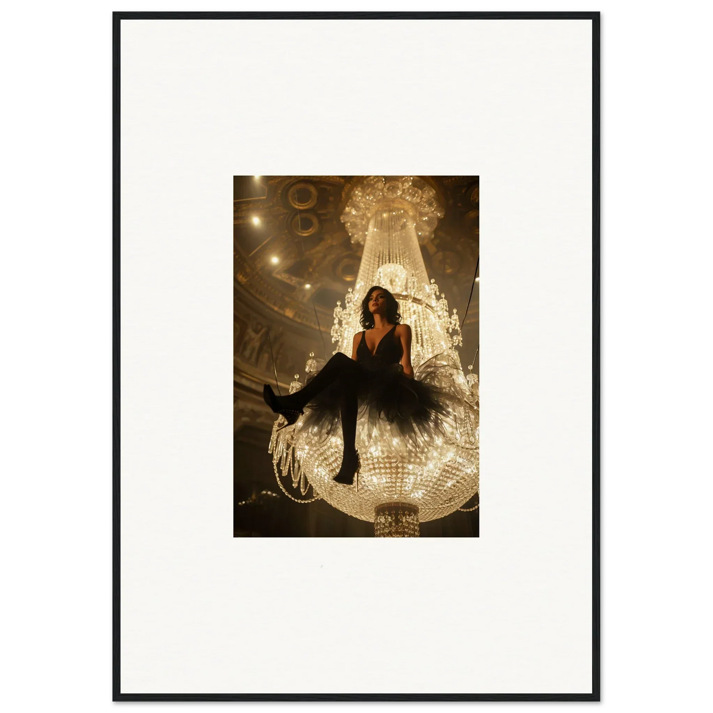 Person chilling on a huge lit chandelier for a stylish room decoration with Charset Angel vibe