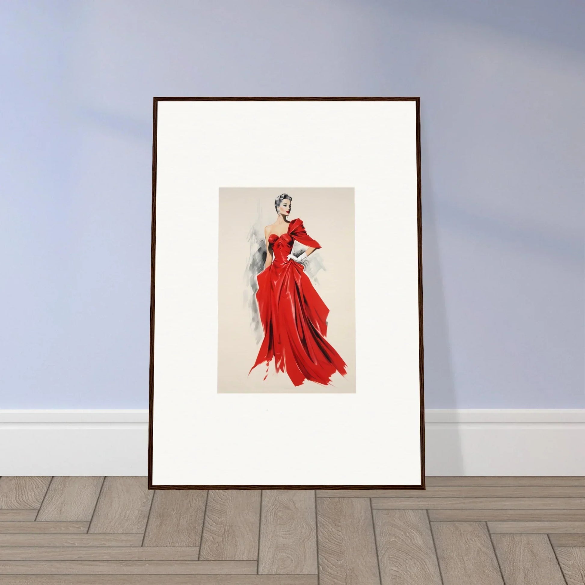 Framed fashion illustration of a flowing red evening gown from Velvet Mirage special edition art™