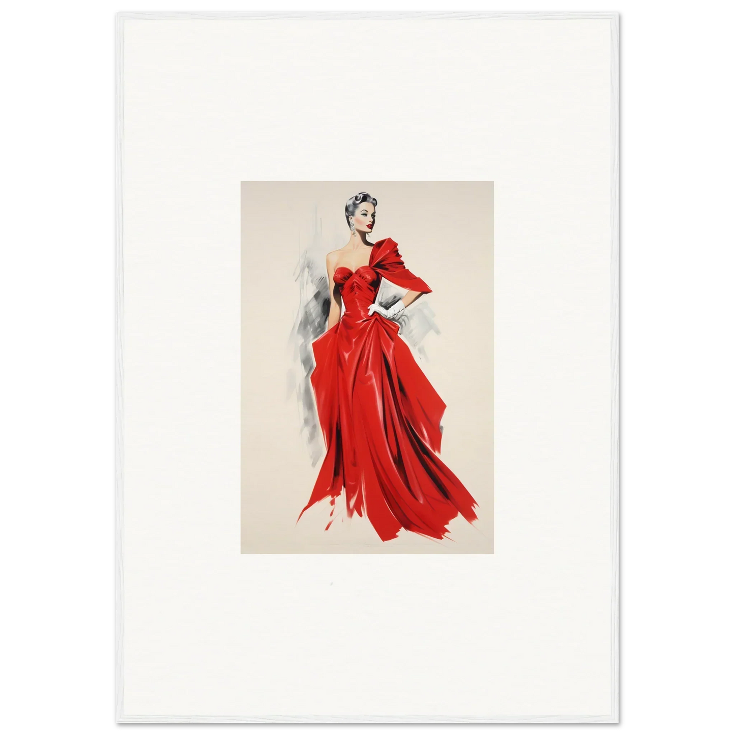 Fashion illustration of a flowing red velvet mirage evening gown with dramatic sleeves