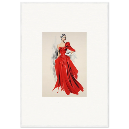 Fashion illustration of a flowing red velvet mirage evening gown with dramatic sleeves