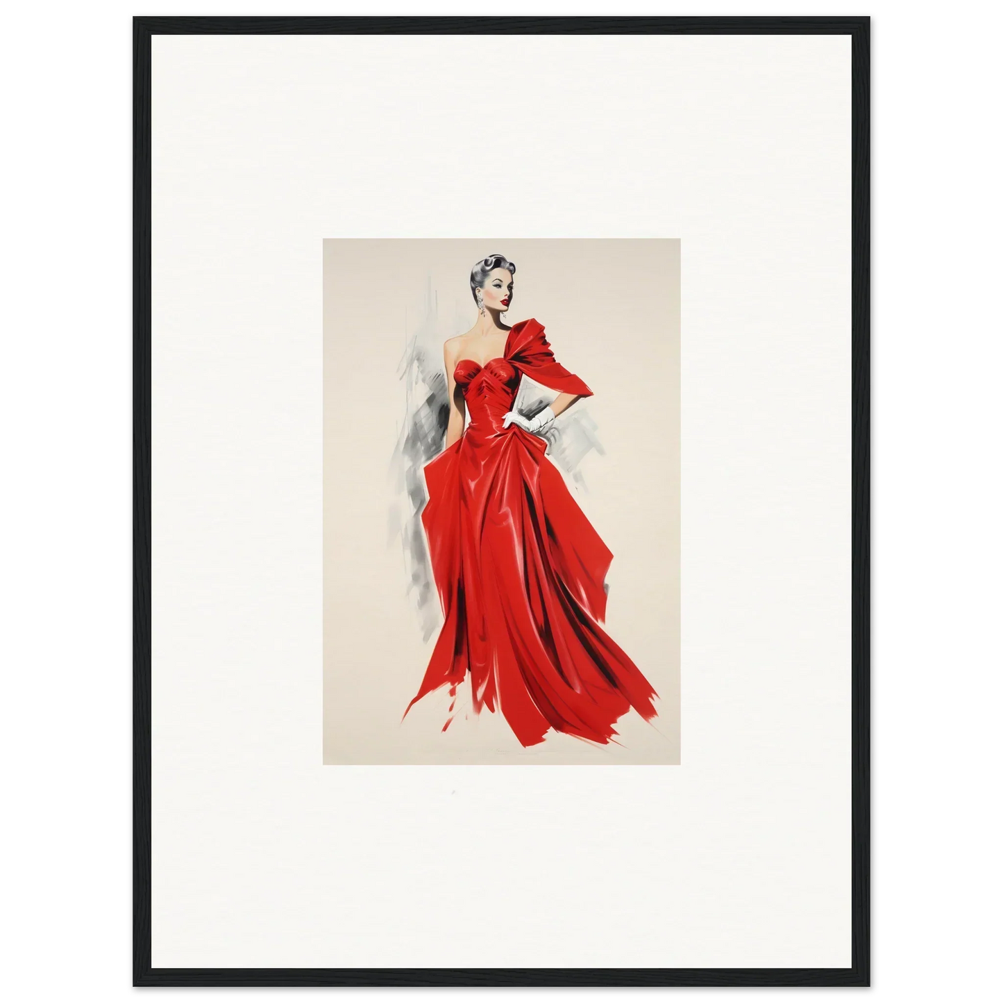 Fashion illustration of a flowing red evening gown with dramatic sleeves for Velvet Mirage