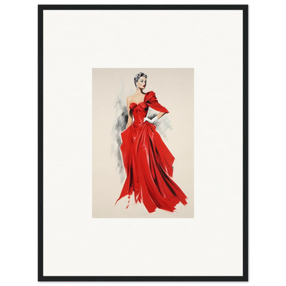 Fashion illustration of a flowing red evening gown with dramatic sleeves for Velvet Mirage