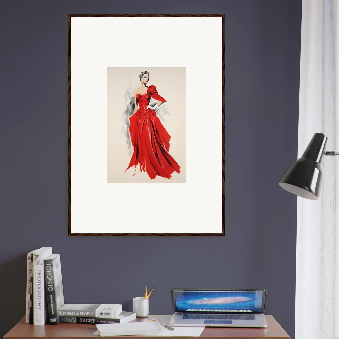 Fashion illustration of a figure in a flowing red evening gown from Velvet Mirage