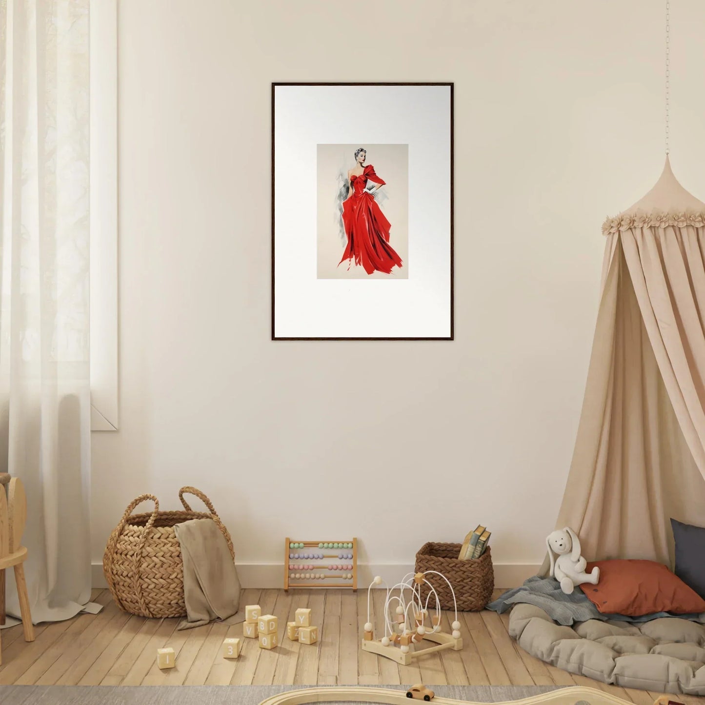 Framed Velvet Mirage art of a figure in a flowing red dress for your collection