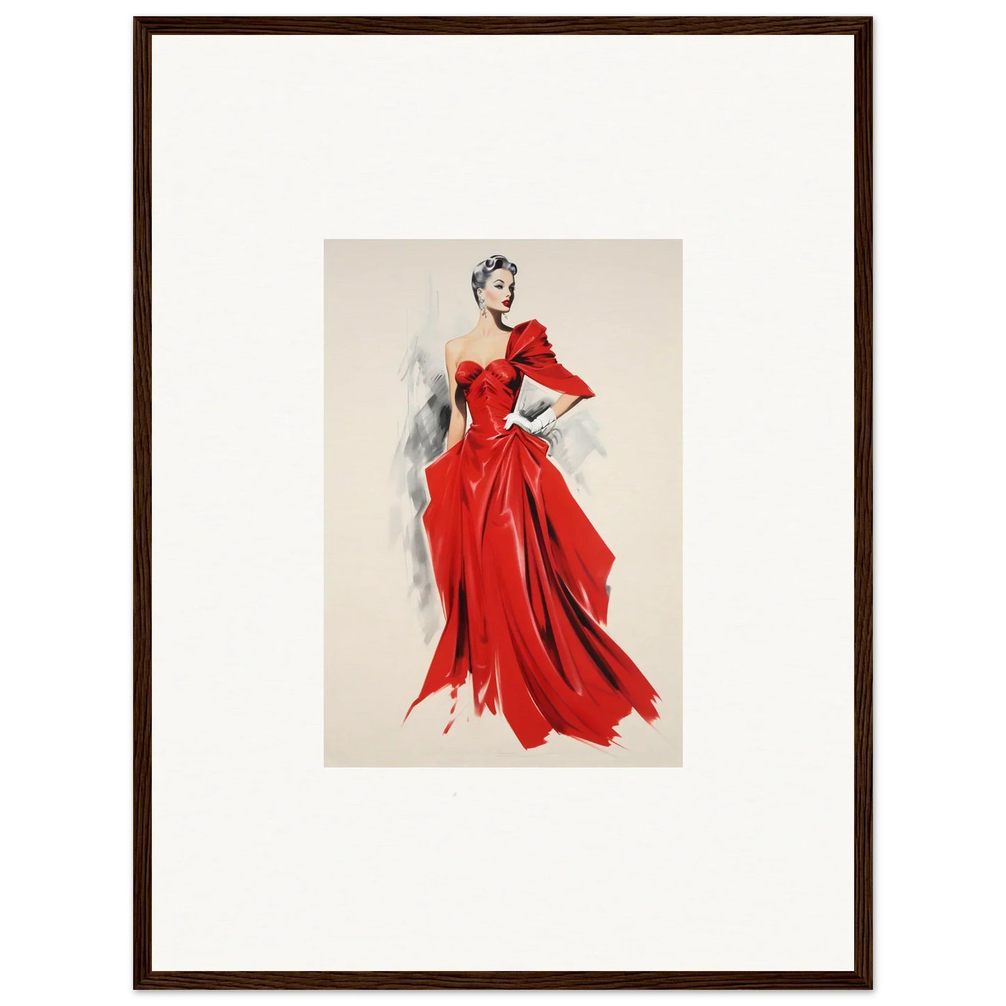 Fashion illustration of a flowing red evening gown with dramatic sleeves by Velvet Mirage