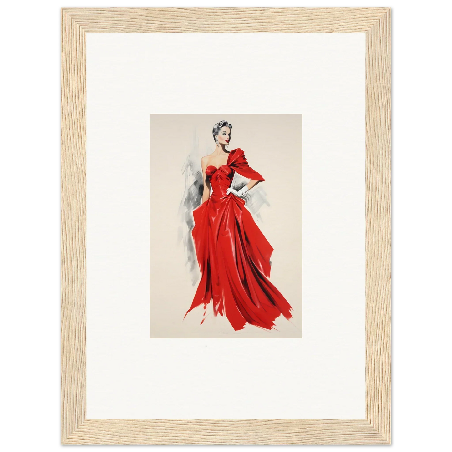 Fashion illustration of a flowing red evening gown with dramatic sleeves, Velvet Mirage