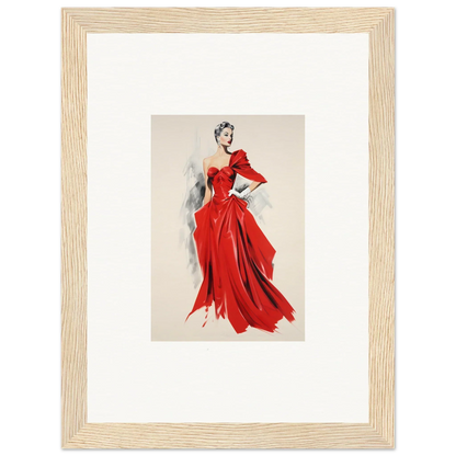 Fashion illustration of a flowing red evening gown with dramatic sleeves, Velvet Mirage