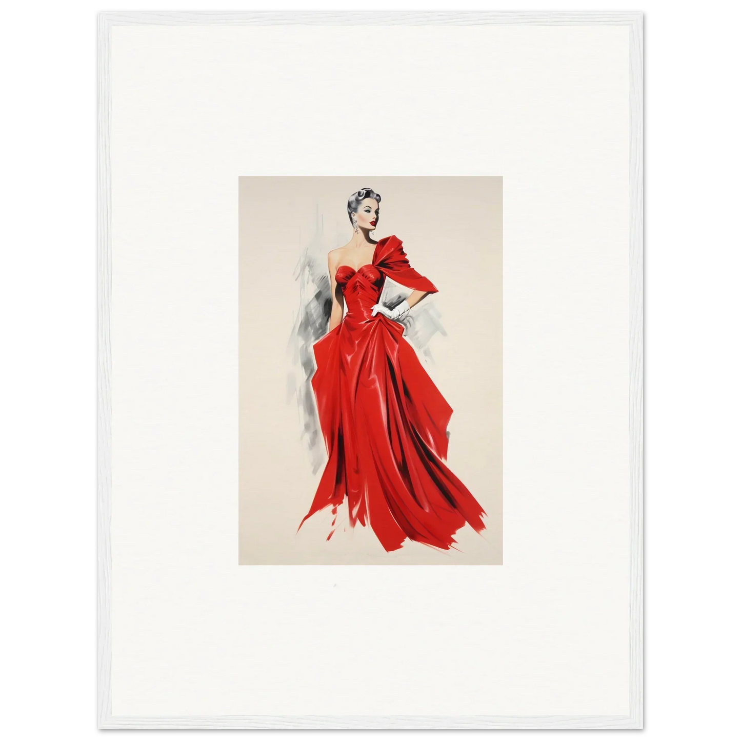 Fashion illustration of Velvet Mirage red gown with dramatic sleeves in special edition art