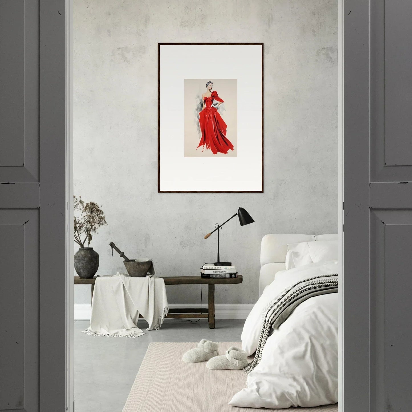 Framed Velvet Mirage artwork of a figure in a flowing red dress, special edition art™