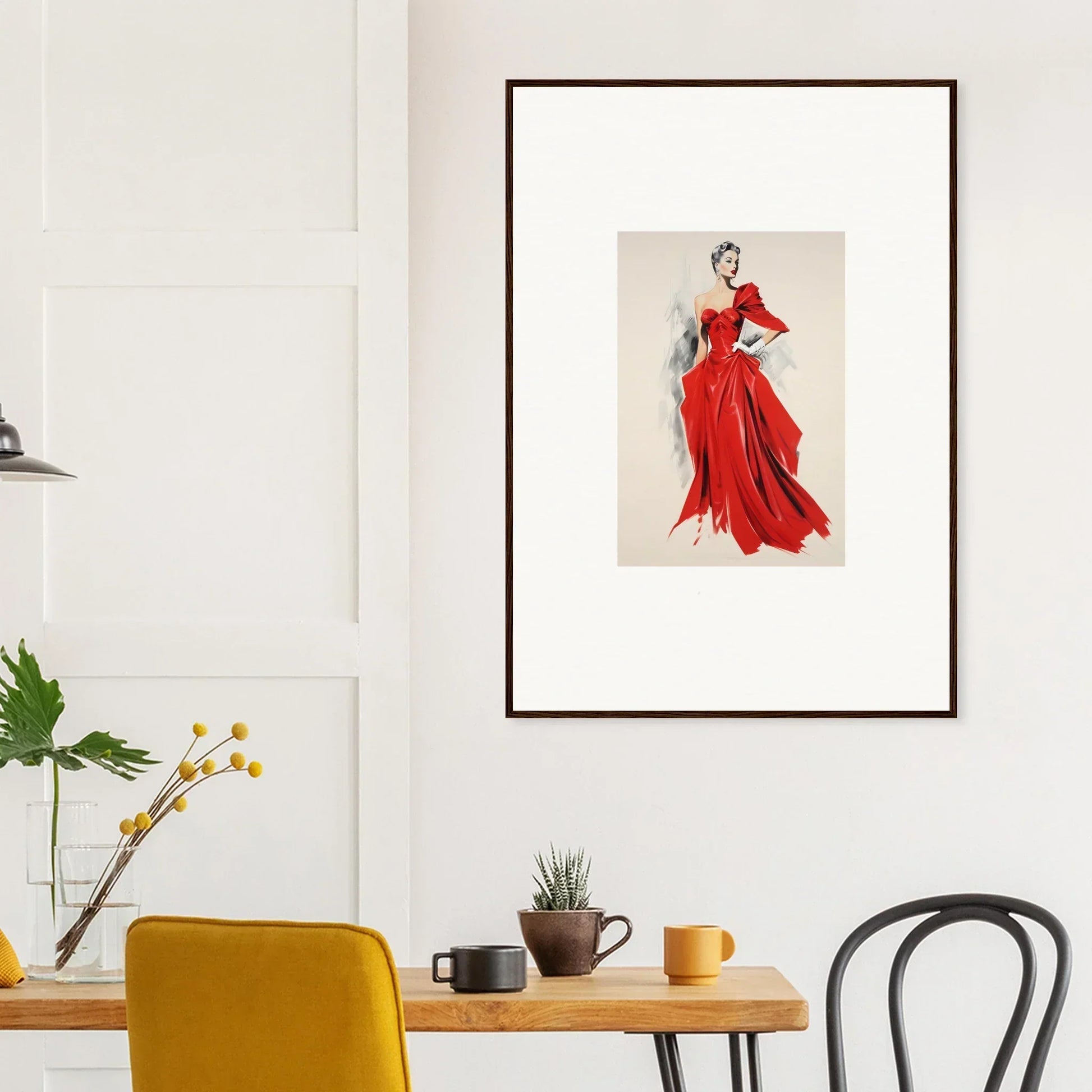 Framed fashion illustration of a flowing red gown in Velvet Mirage special edition art™