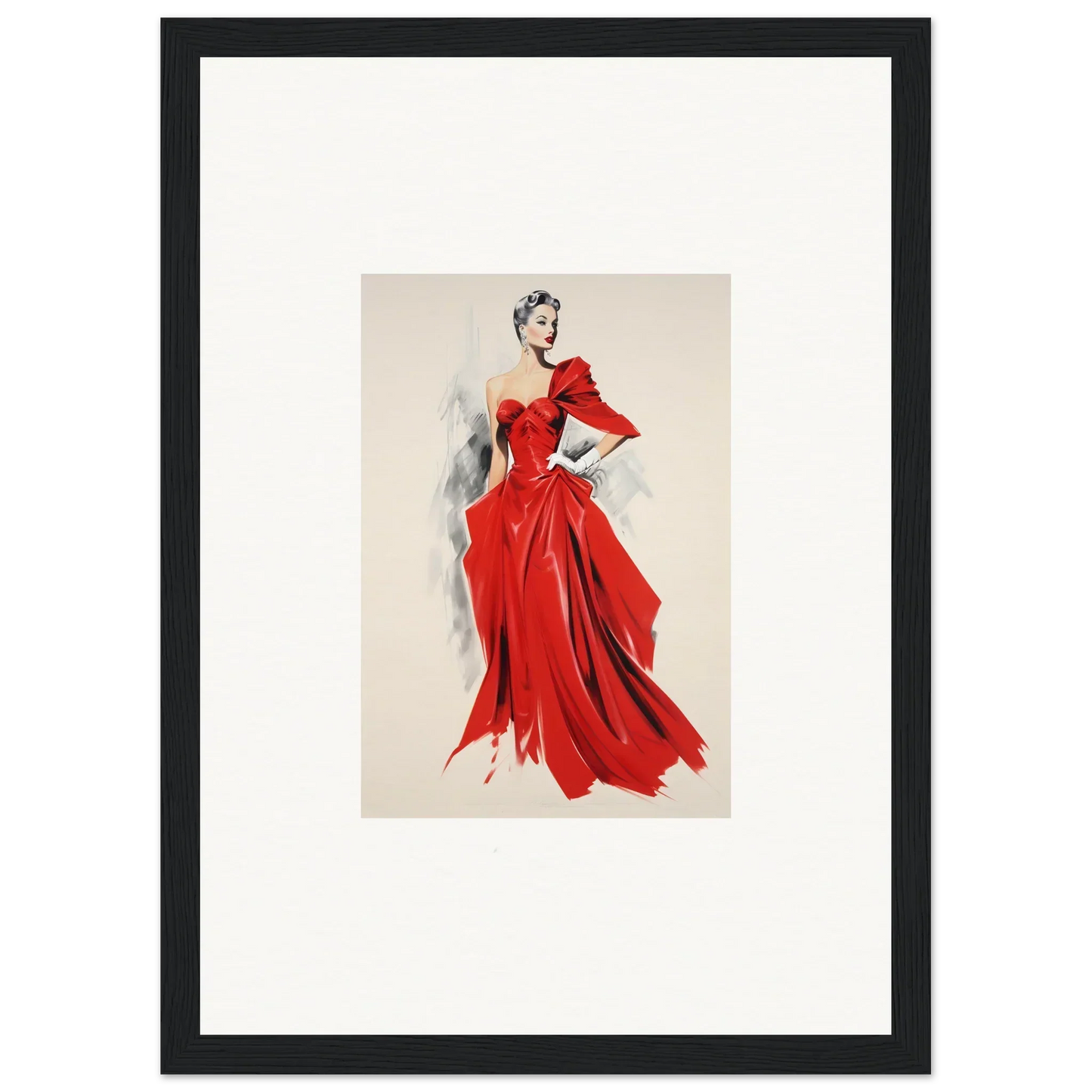 Fashion illustration of a red evening gown with puff sleeves from Velvet Mirage