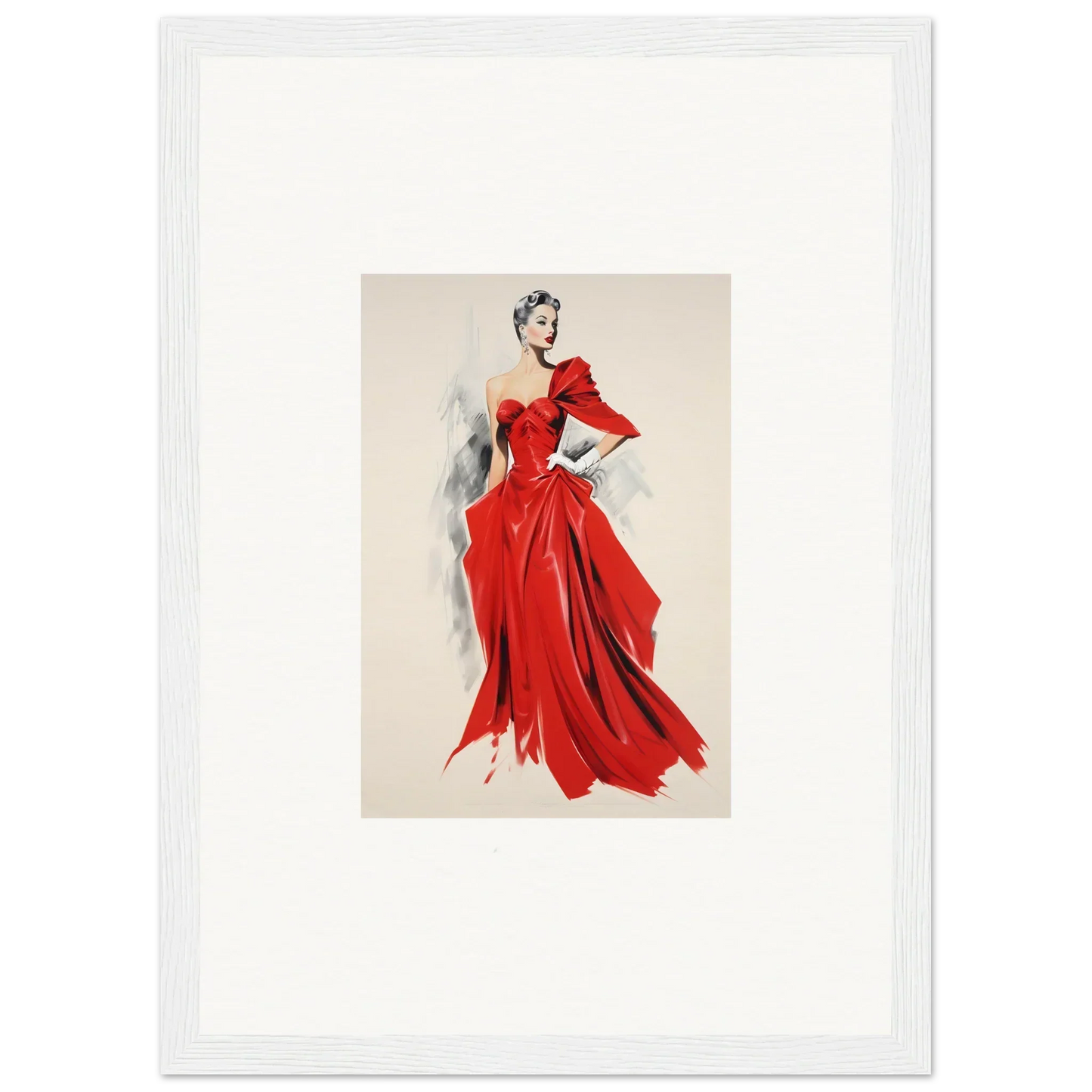 Fashion illustration of a flowing red evening gown in Velvet Mirage special edition art™