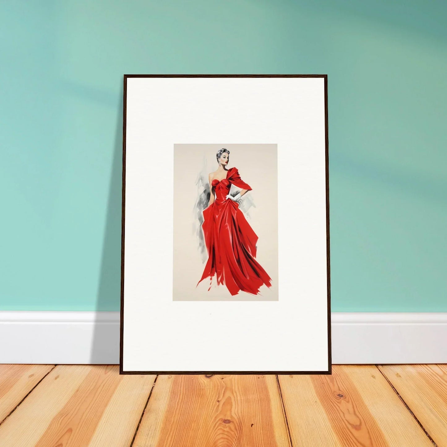 Framed fashion illustration of a flowing red evening gown from Velvet Mirage special edition art™