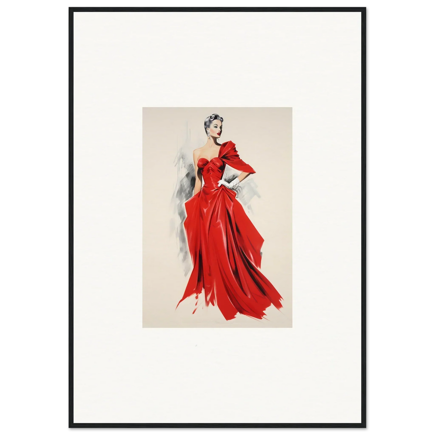 Elegant fashion illustration of a red evening gown from Velvet Mirage special edition art