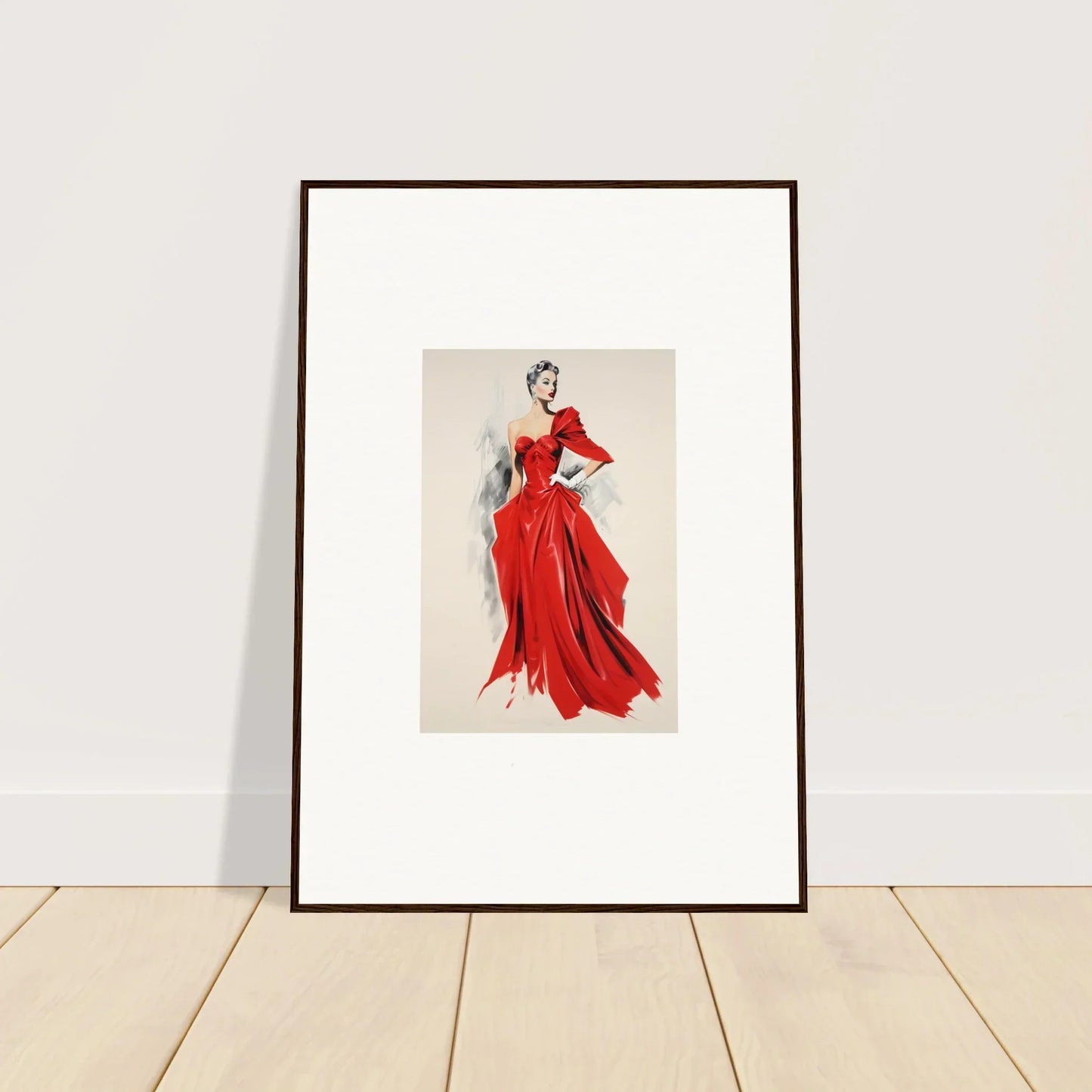 Framed fashion illustration of a flowing red evening gown, Velvet Mirage special edition art™