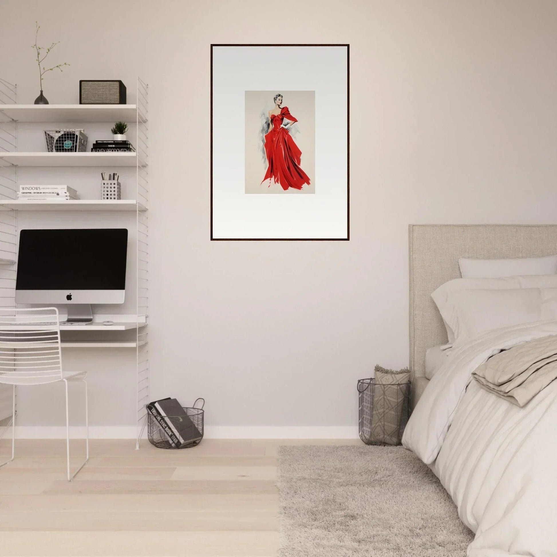 Framed fashion illustration of a flowing red dress from Velvet Mirage special edition art™