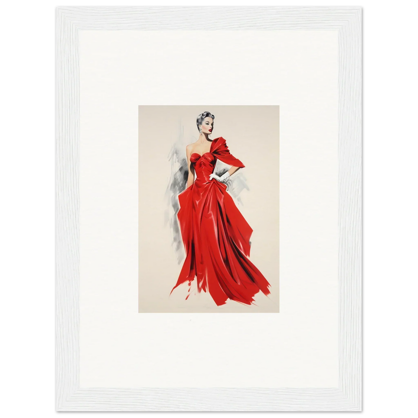 Fashion illustration of a flowing red evening gown with sleeves from Velvet Mirage