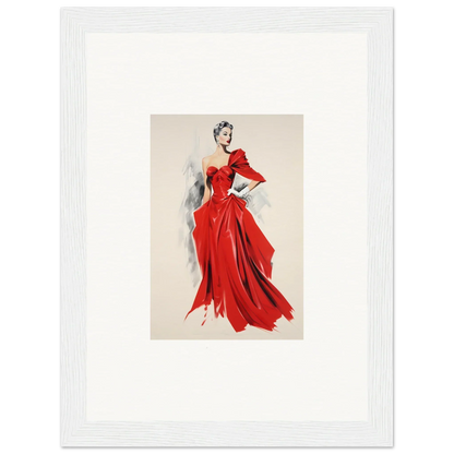 Fashion illustration of a flowing red evening gown with sleeves from Velvet Mirage