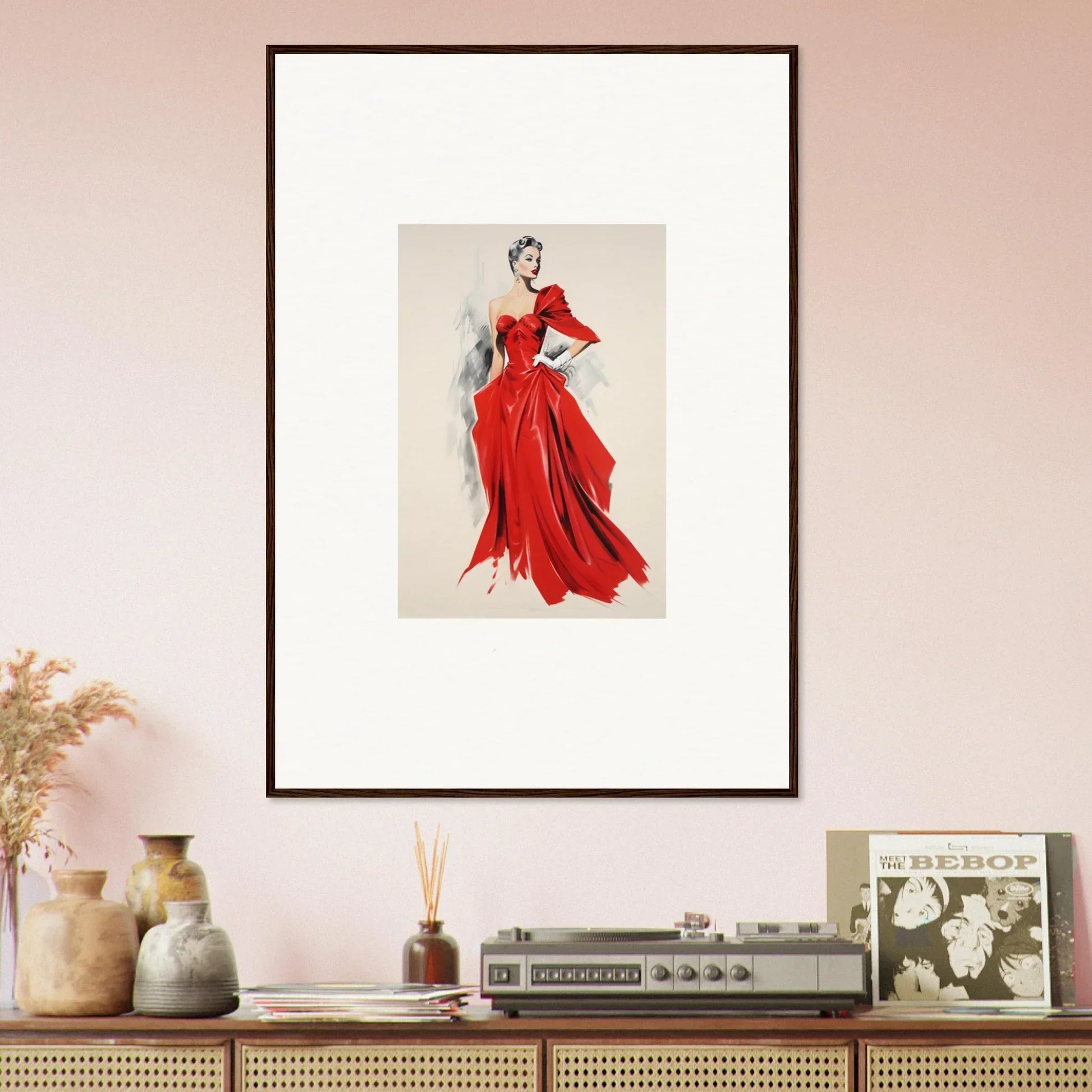 Framed fashion illustration of a figure in a flowing red gown from Velvet Mirage