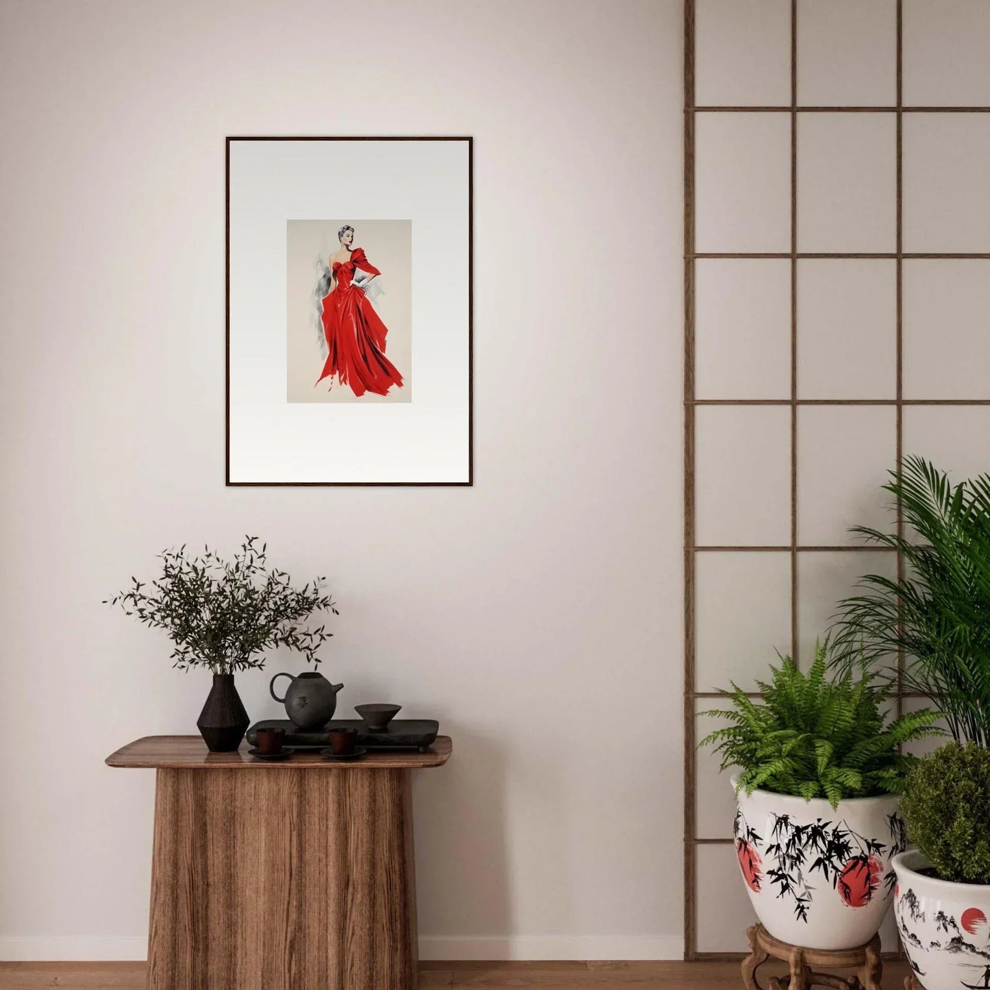 Framed fashion illustration of a figure in a flowing red gown from Velvet Mirage