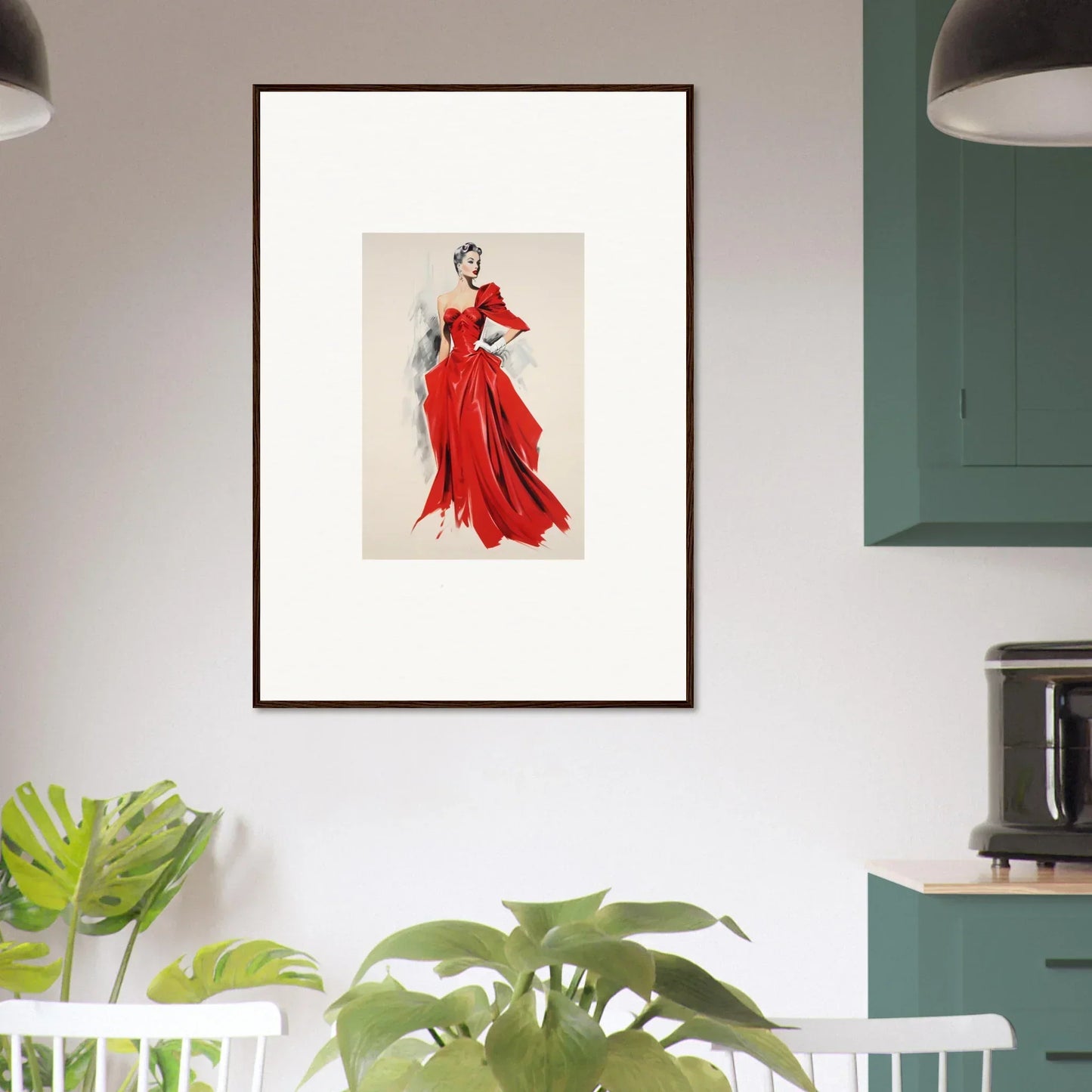 Framed fashion illustration of a flowing red evening gown from Velvet Mirage special edition art™