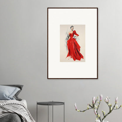 Fashion illustration of a flowing red evening gown from Velvet Mirage special edition art™